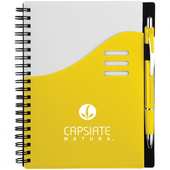 Yellow Color Wave Logo Imprinted Notebook w/ Pen - 5.5"w x 7"h