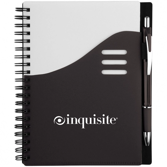 Black Color Wave Logo Imprinted Notebook w/ Pen - 5.5"w x 7"h
