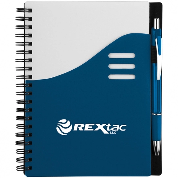 Navy Blue Color Wave Logo Imprinted Notebook w/ Pen - 5.5"w x 7"h