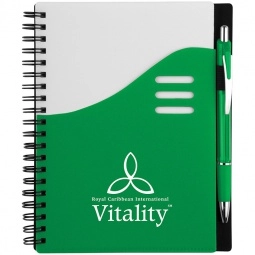 Green Color Wave Logo Imprinted Notebook w/ Pen - 5.5"w x 7"h
