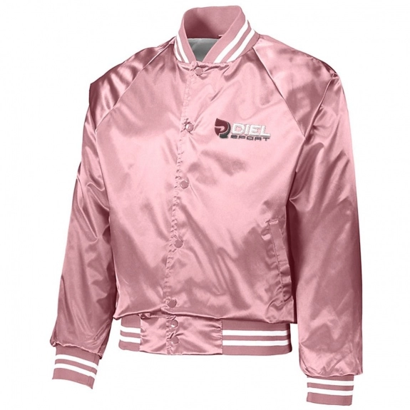 Pink Augusta Sportswear Satin Custom Baseball Jacket w/ Striped Trim