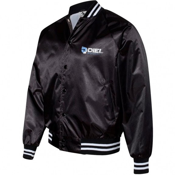 Black Augusta Sportswear Satin Custom Baseball Jacket w/ Striped Trim