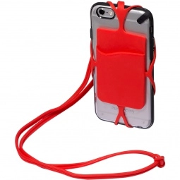 Red Strappy Silicone Promotional Cell Phone Wallet w/ Lanyard