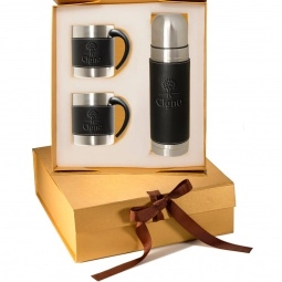 LEEMAN NYC Tuscany Leather Accent Custom Coffee Mugs & Thermos Gift Set