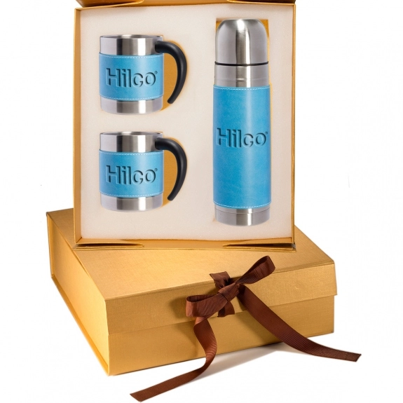 Light Blue Tuscan Stainless Steel Custom Coffee Mugs & Thermos Gift Set