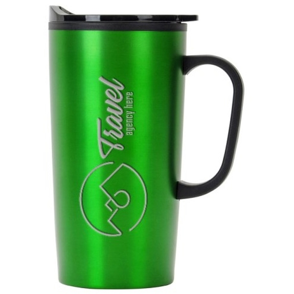 Green Laser Engraved Plastic Lined Promotional Travel Mug w/ Handle - 20 oz
