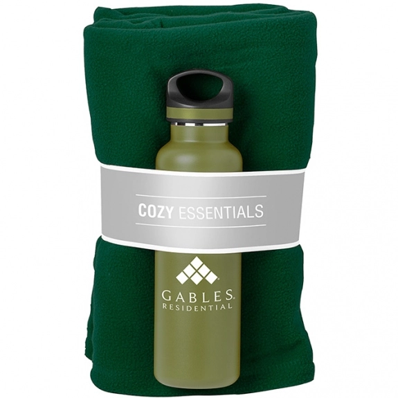 Green Cozy Essentials Custom Water Bottles & Blanket Gift Set