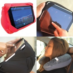In Use - 2-in-1 Plush Custom Tablet Stand Travel Pillow