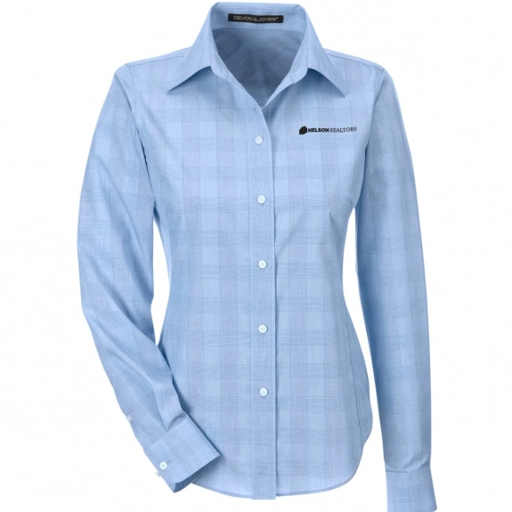 French Blue Devon & Jones Button Down Plaid Custom Dress Shirts - Women's