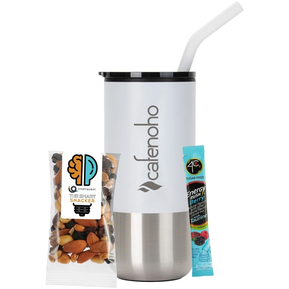 White - Promotional Tumbler w/ Straw Combo - Snack Mix & Energy Drink