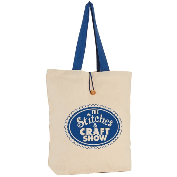 Natural / Royal blue Two-Tone Button Up Canvas Promotional Tote Bag