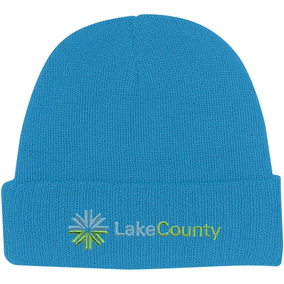Light Blue Embroidered Promotional Knit Beanie w/ Cuff