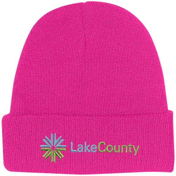 Pink Embroidered Promotional Knit Beanie w/ Cuff