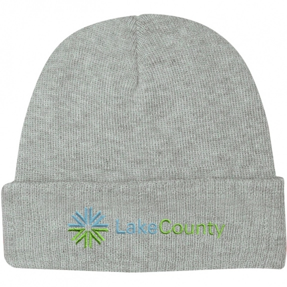 Gray Embroidered Promotional Knit Beanie w/ Cuff