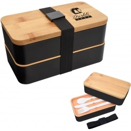 Black - Stackable Promotional Bento Box w/ Utensils