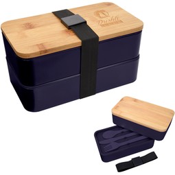 Navy Blue Stackable Promotional Bento Box w/ Utensils