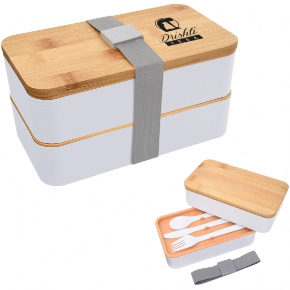 White - Stackable Promotional Bento Box w/ Utensils