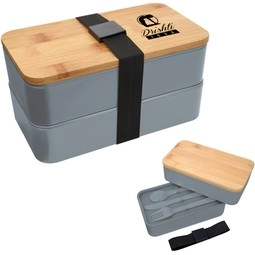 Gray Stackable Promotional Bento Box w/ Utensils
