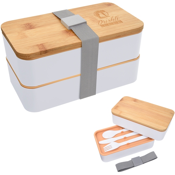 White Stackable Promotional Bento Box w/ Utensils