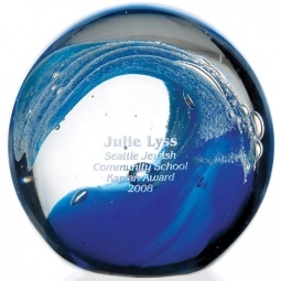 Clear/Blue Jaffa Wave Art Glass Sphere Custom Award