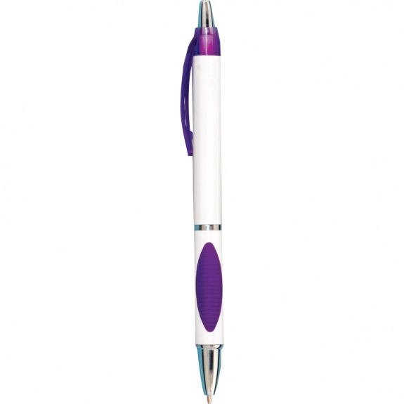 White/Purple Click Action Custom Pen w/ Oval Rubber Grip