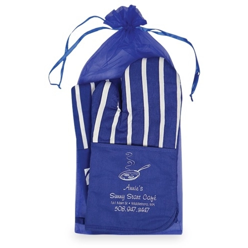 Blue Striped Oven Mitt w/ Apron Custom Gift Set