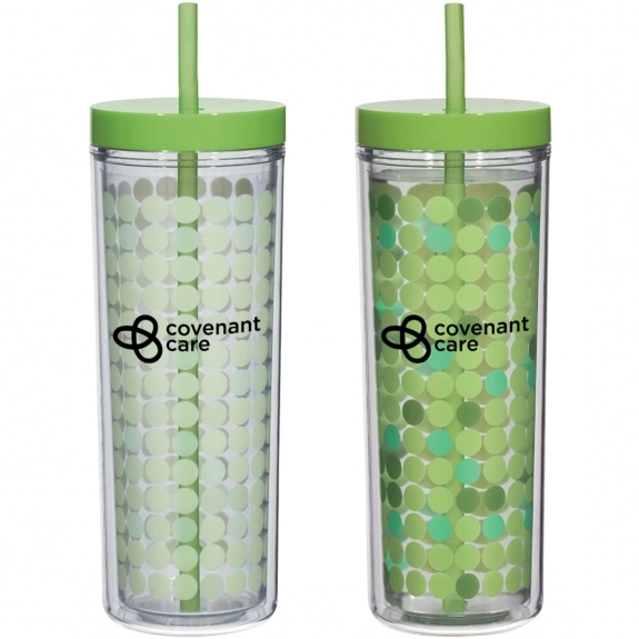 Green Color Changing Double Wall Promotional Tumbler w/Straw - 16 oz