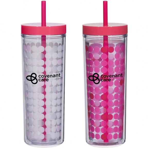 Pink Color Changing Double Wall Promotional Tumbler w/Straw - 16 oz
