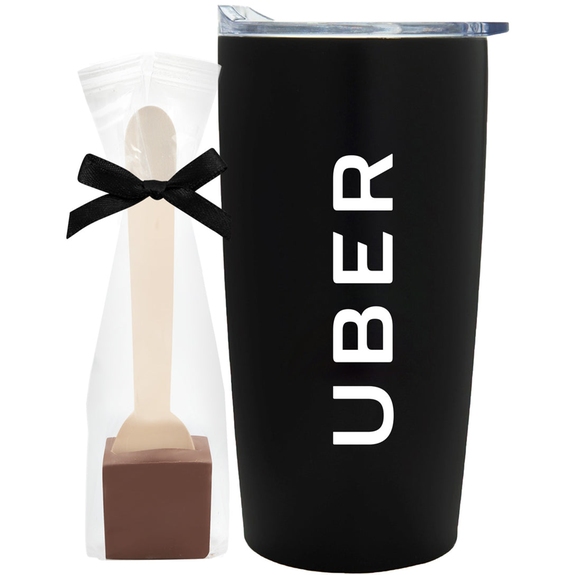 Black Straight Lined Promotional Tumbler w/ Hot Chocolate Spoon