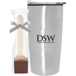 Silver Straight Lined Promotional Tumbler w/ Hot Chocolate Spoon
