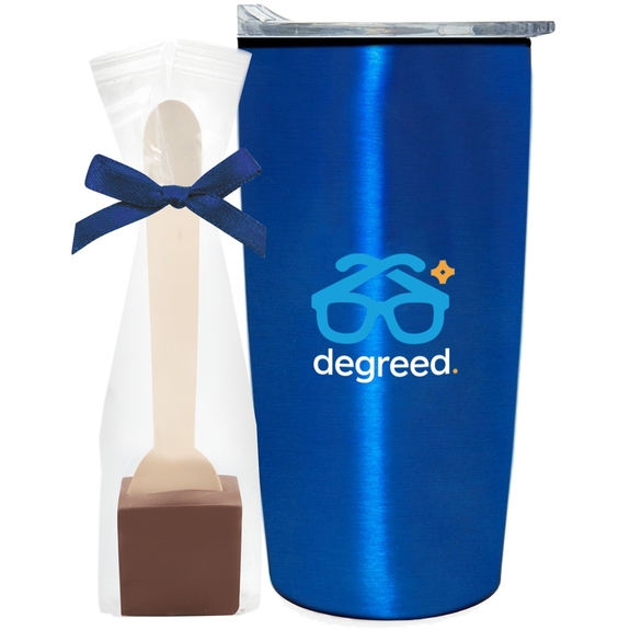 Blue Straight Lined Promotional Tumbler w/ Hot Chocolate Spoon