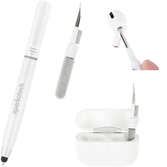 White - Custom Logo Stylus Pen with Earbud Cleaning Kit