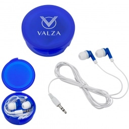 Translucent Blue Mini Promotional Earbuds in Round Travel Case