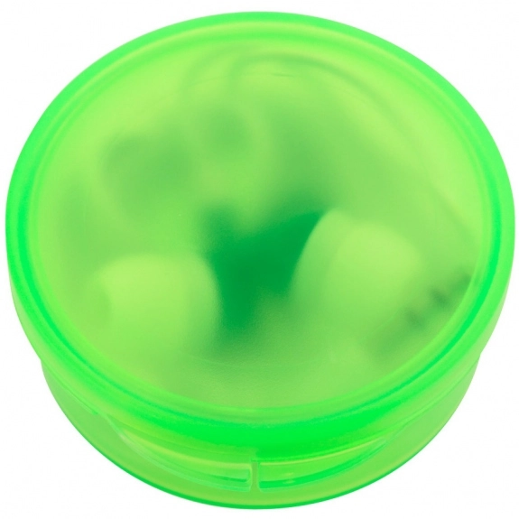 Translucent Lime Green Mini Promotional Earbuds in Round Travel Case