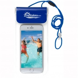 Blue - Waterproof Promotional Cell Phone Pouch w/ Breakaway Lanyard