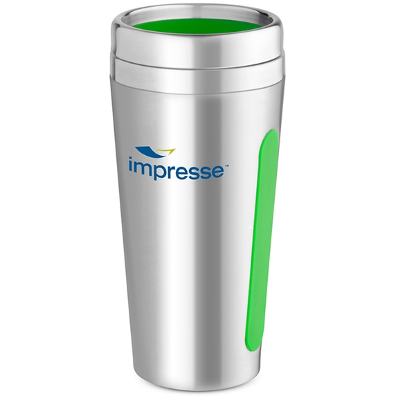 Silver/Green Stainless Steel Custom Tumbler w/ Silicone Grip - 15 oz.