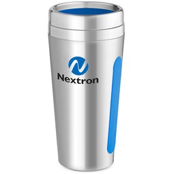 Silver Blue Stainless Steel Custom Tumbler w/ Silicone Grip - 15 oz.
