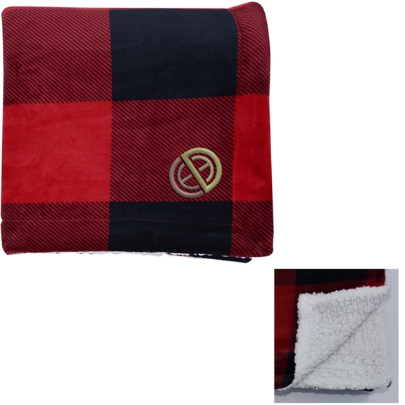 Black/Red - Buffalo Plaid Custom Logo Sherpa Blanket - 60" x 50"