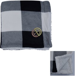 White/Black - Buffalo Plaid Custom Logo Sherpa Blanket - 60" x 50"