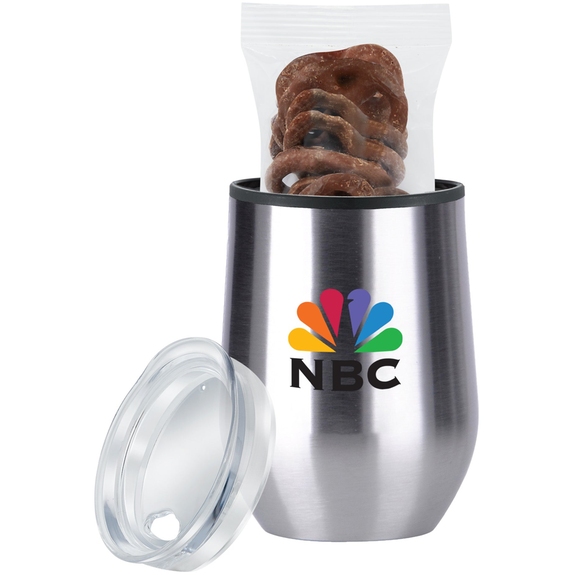 Silver Stemless Lined Custom Wine Tumbler w/ Chocolate Covered Pretzels