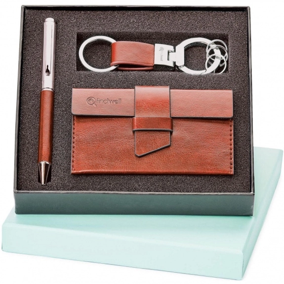 Brown Custom Imprinted Pen, Key Ring and Card Case Set