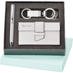 White Custom Imprinted Pen, Key Ring and Card Case Set