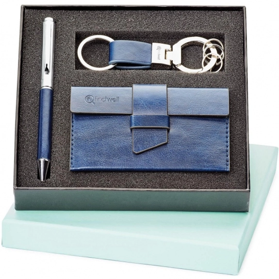 Blue Custom Imprinted Pen, Key Ring and Card Case Set