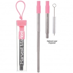 Pink Stainless Steel Collapsible Custom Straw w/ Keychain Case