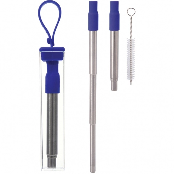 Blue Stainless Steel Collapsible Custom Straw w/ Keychain Case