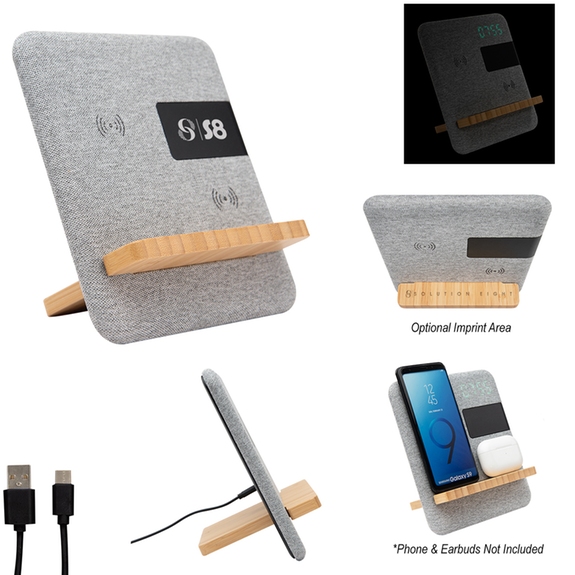 Fabric & Bamboo Custom Wireless Charging Pad w/ Clock