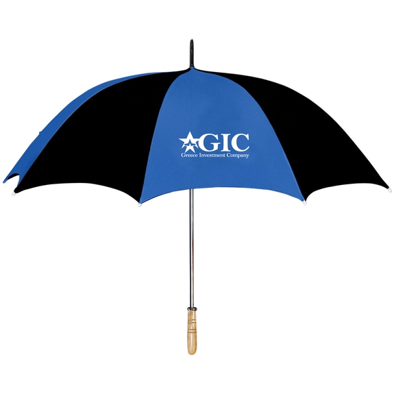 Royal Blue / Black Arc Custom Logo Golf Umbrella w/ Wood Handle - 60"