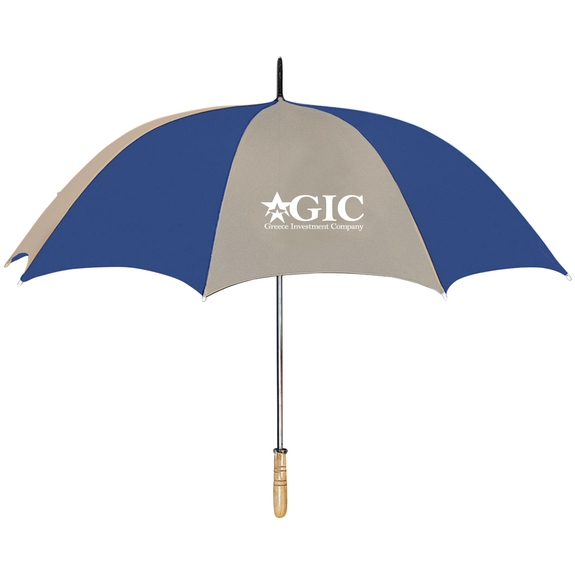 Khaki / Navy Arc Custom Logo Golf Umbrella w/ Wood Handle - 60"