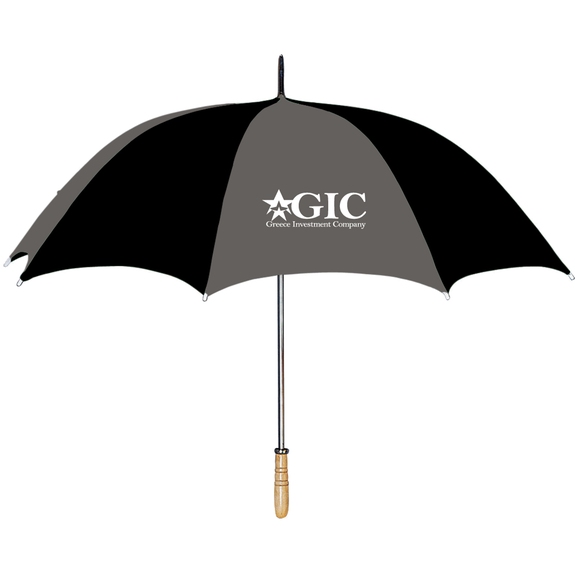 Pewter / Black Arc Custom Logo Golf Umbrella w/ Wood Handle - 60"