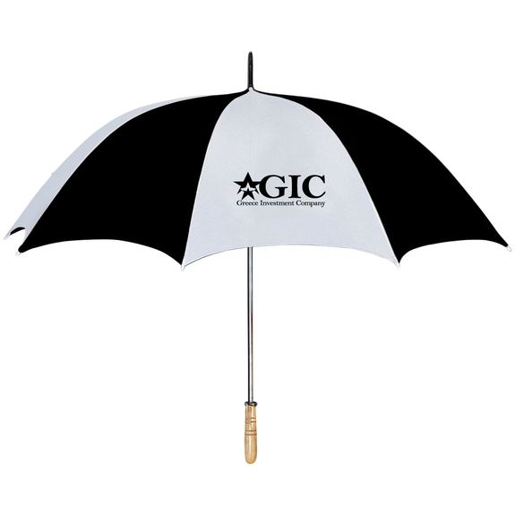 White / Black Arc Custom Logo Golf Umbrella w/ Wood Handle - 60"